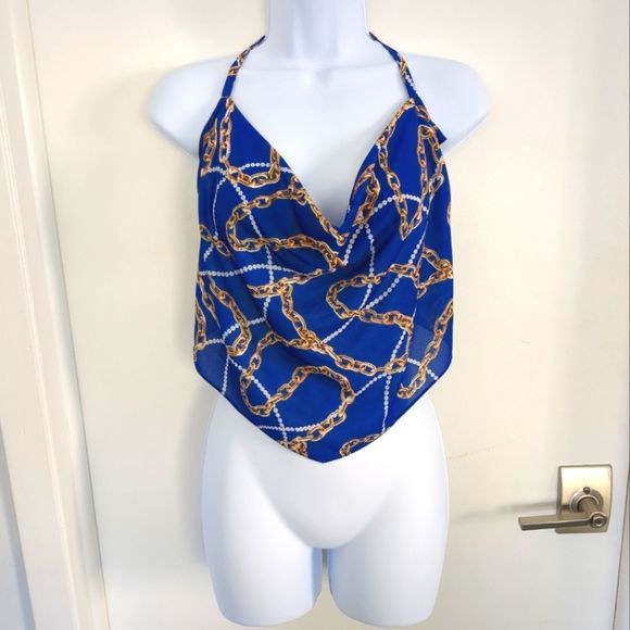 ASOS Blue and Gold Chain print satin handkerchief Halter Neck Crop Top size 6 - Picture 2 of 5